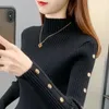Kvinnors tröjor Autumn och Winter Solid Half High Collar Long Sleeve Slim Jumpers Button Screw Mode Fashion Casual Tops