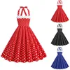 فساتين غير رسمية أنيقة نساء وردي بولكا دوت فستان الصيف هيبورن 1950s 60s خمر A-line Halter Rockabilly Retro Partro Vestidos