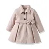 Children s Clothing Autumn and Winter Girls Khaki Cute Warm Woolen Coat Bow Belt Top Mid Length 231221