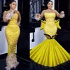 Luxurious Yellow Feather Aso Ebi Prom Dresses Pearls Mermaid Evening Formal Dress for African Aarbic Black Women with Detachable Skirt Second Reception Gowns NL088