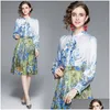 Arbetsklänningar Kvinnuttryckt Bow Dress Long Sleeve 2022 Spring Autumn High-End Elegant Lady Floral Office Party Drop Delivery Apparel C DHJF5