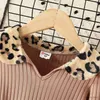 Girl's Dresses Toddler Girl Leopard Print Fleece Splice Lapel Collar Ribbed Dress (Belt ingår inte) Hudstruktur avantgarde