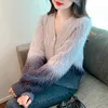 Kore moda gri taklit vizon peluş süveter kadınlar retro gradyan yumuşak örme vneck hırka üst sonbahar kış kalın 231221