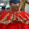 Rosso fuori dalla spalla Quinceanera Dresse Lace-up Corce Corna perle Gold Appliques perle in pizzo per perle di promo