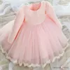 Mädchenkleider Baby Girls Langarm Kleider für Weihnachten Party Hochzeit Spitze Big Bow Kleider Kleinkind Mädchen 1. Geburtstag Prinzessin weiße Taufe Kleid