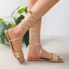 Sandales 2023 Gladiator Chaussures pour femmes Fashion Square Toe Open Flat Sexy Golden Cross Lace Plus taille 36-43 Sandalias Mujer