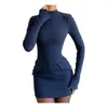 Robes décontractées élégant bleu foncé haut collier mini robe femme 2024 poche à manches longues à manches longues sexy-line club de fête de fête