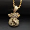 Gold Plated Iced Out CZ Cubic Zirconia Mens USD Money Bag Pendant Chain Necklace personalized Full Diamond Hip Hop Jewelry Gifts f255R