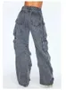 Color Solid Multipocket Loose Jeans Womens High Street Retro Hiphop Wideleleg Pantal