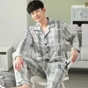 Män pyjama Ställ in full bomullsfjäder lång ärm tryck pyjamas kostym höst nattkläder krage pijama manlig sömnkläder två bit 4xl 231221
