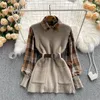 Autumn Winter Knitted Vest Two 2 Piece Set Women Long Sleeve Plaid Shirt Sleeveless Sweater Tops Suit s Shirts Sets 2023 231221