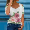 Blouses feminina Mulheres Summer Boho Camisas Floral Print Lace Splicing ombro frio Vintage Manga curta V Camisas Blusas de pescoço Camisas