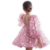 Schönes rosafarbenes Blumenmädchenkleid mit Puffärmeln für die Hochzeit 2024, 3D-Schmetterlingsapplikationen, rückenfrei, Geburtstagsfeier, Erstkommunionkleid