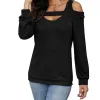 Women T Shirts Long Sleeves Spring Autumn Tops Hollow Out Square Neck Lady Solid Color Off Shoulder Casual Blouse