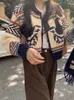 Kadınlar için vintage örgü hırka baskı kazak kadın sonbahar kış şık kırpılmış jumper bayanlar Kore moda fermuarlı hırka 231221