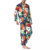 Pijamas florais de roupas de dormir masculinas Conjunto de flores coloridas de manga longa de manga longa casual de duas peças