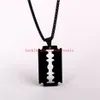 Plated Black Men's Punk Hip-Hop Stainless Steel Razor Blade Dog Tag Necklace Pendant with 24'' Box Chain Barber Jew233N