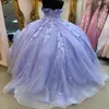 Lavendel Quinceanera Kleider Blumenkleid Tüll Perlen von der Schulterpartykleid Applizes Schnürung des Hof Zug -Prom -Ballkleides