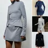 Casual Dresses Women Solid Color Mini Dress Half High Collar Long Sleeve Flap Pockets Slim Fit Short Elegant Female