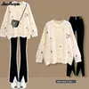 Autumn Winter Women Matching Sets Cute Rabbit Sweater Pullover Slim Flare Pants 2 Piece Suit Korean Lady Knit Tops Trousers 231221