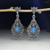 Dangle Earrings Geometric Blue Stone Rhinestone Hollow Out For Women Vintage Bohemia Leaf Flower Engraved Drop Jewerly