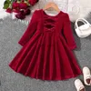 Girl's Dresses Girls' Autumn and Winter New Christmas Velvet Bow Princess DressL231222