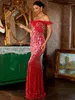 캐주얼 드레스 Missord 2023 Red Long Wedding Guest Dress 여성 메쉬 오프 어깨 스팽글 바디콘 맥시 이브닝 파티 무도회 여성 가운