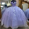 Lavendel Quinceanera Kleider Blumenkleid Tüll Perlen von der Schulterpartykleid Applizes Schnürung des Hof Zug -Prom -Ballkleides