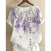 Women's Blouses Synthetic Material Button Flower Shirt Summer Women Casual O-Neck Short Sleeve White Pullover Tops Comfortable Breathable