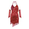 Casual Dresses Women's Tassel Sequin Latin Dancewear Dress Mardi Gras Party Prom Backless Fashion Hanging Neck With Sleeve Sets