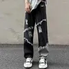 Mäns jeans harajuku män high street löst hiphop koreanska mode lapptäcke byxor streetwear kontrast rak bred ben denim byxor