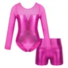 Clothing Sets Kids Girls Soild Color Dance Suits Metallic Long Sleeve Sparkly Rhinestones Patchwork Leotard With High Waist Shorts