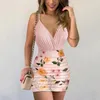 Lässige Kleider Damen sexy Deep V Mini Kleid Sommerhals Cami Top Floral Print gebundene Damen Party -Zahnspangen Rock Vestidos Para Mujer