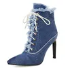 Schuhe Schnüren Denim Stiefel Herbst Frühling Frauen Stiefeletten Spitz Mode Stil High Heels Jeans Party Schuhe Mädchen Große Größe