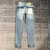 Marca de jeans masculina lavada azul azul riscado bordado slim casual skinny