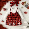 Flickans klänningar Prowow Baby Christmas Dress for Girls Cartoon Deer Plaid Faux-Two Dress Princess Party Christmas Clothes Girls New Year Costumel231222