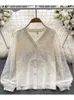 Women's Blouses Women Autumn Shirt Temperament V-neck Lantern Sleeves Versatile Sweet Top Elegant Luxurious Lace Chiffon D5300