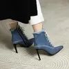 Schuhe Schnüren Denim Stiefel Herbst Frühling Frauen Stiefeletten Spitz Mode Stil High Heels Jeans Party Schuhe Mädchen Große Größe