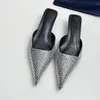 Designer Rhinestone Slippers 4cm Kitten Heel Slingback Sandals Sexy Pointed Toe Luxury Women Shoes Sheepskin Leather High-heeled Comfortable Lady Pumps