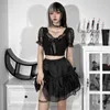 Work Dresses Gothic Lace Up Lolita Black Skirt Top Set Women Puff Sleeve Bandage Crop Tops Mesh Patchwork Sexy Mini Skirts 2pcs Sets