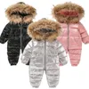 Russo de inverno Rompers de bebê meninos terno de esqui grosso Meninas de pato branco do macacão garotos do macacão de macacão infantil Crianças Snowsuit Snows