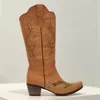 skor rosa cowboy stövlar midcalf hög cowgirl botas kvinnors vintage broderade tryckta ridtövlar pu läder mode damer skor