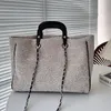 Women Designer Soft Tweed Tote Bag with Top Handle Two-Tone Patchwork 40x30cm Silver Metal Hardware Rivet Decoration Matelasse Chain Airport Shoulder Handbag