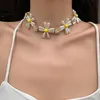 Mengjiqiao Korean Fashion Yellow Pearl Flower Choker Necklace For Women Girls Elegant Metal Crystal Pendants Party Jewelry Gifts1321x