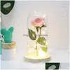 Fleurs décoratives couronnes rouges moyennes rose dans un dôme en verre sur la base en bois pour Valentine039 cadeaux LEDMO