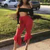 Women's Two Piece Pants Summer Women Black Crop Top2023 Sexy Chest Wrapped Red Trousers Suit Flat Tube Top Long Sleeved Ruffled Leg