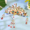 Hair Clips Womens Gold Plated Phoenix Crown With Beads Tassel Set Chinese Headdress