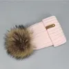 Bérets Hiver Pompom Hat tricoté Real Big Ratcoon Fur Femmes Unisexe enfants chauds épais épais stretchy talit pom chapeaux