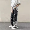 Mäns jeans harajuku män high street löst hiphop koreanska mode lapptäcke byxor streetwear kontrast rak bred ben denim byxor