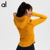 AL Yoga Hoodies Espartilho com nervuras Jaqueta com zíper completo Jaquetas com capuz de manga comprida Moletons justos na altura do quadril Casacos de malha sem costura Jogger SweatTops com furos para os polegares